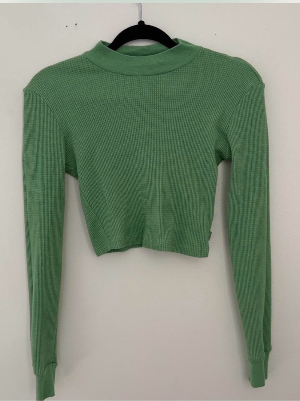TNA Green Cropped Waffle Knit Long Sleeve Top